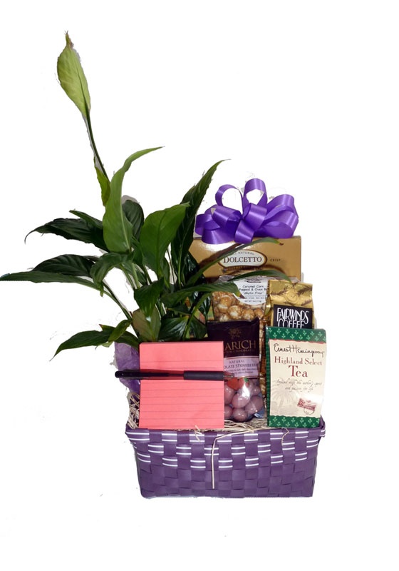This deluxe housewarming gift basket includes a beautiful 4 inch plant