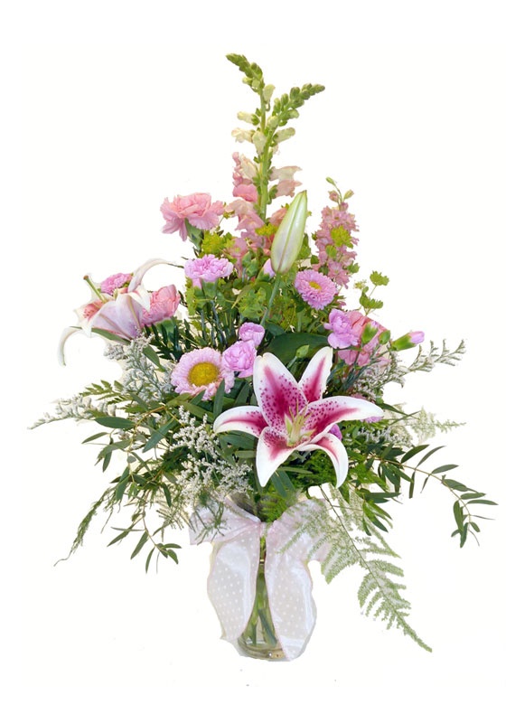 An all pink flower arrangement with Stargazer Lilies.