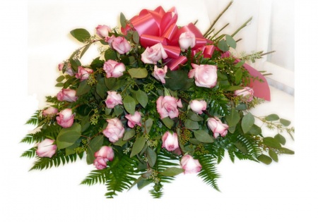 Pink Rose Casket Spray With Ribbon