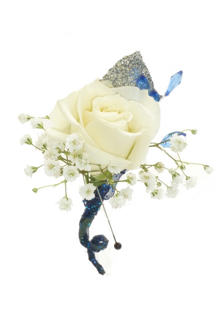 White Rose Boutonniere Blue Trim